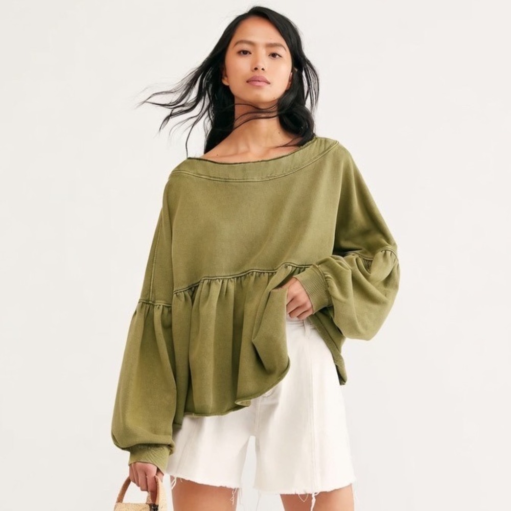 Free People Lucy Pullover Sweater Olive Green Peplum Balloon Sleeve Sweatshirt S